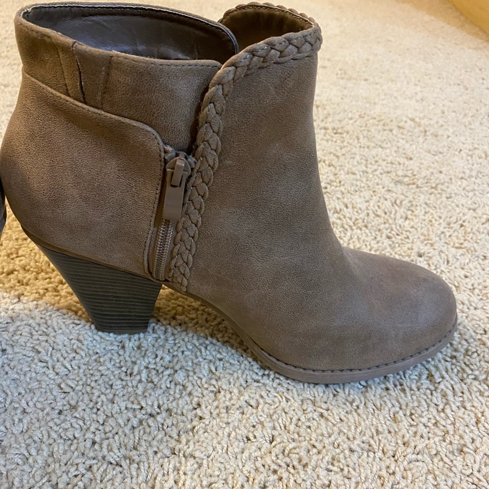 Torrid 10.5 tan suede zip booties w/braid detail